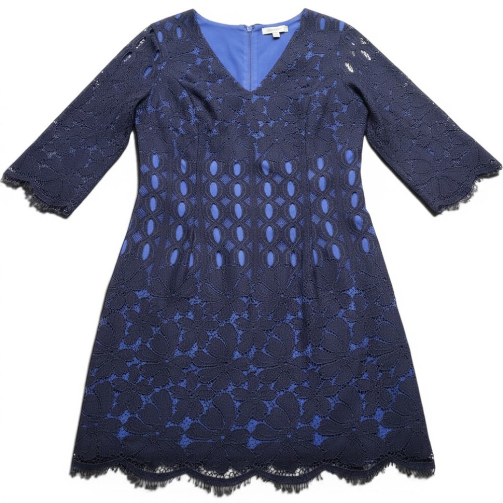 Lilly‎ Pulitzer Navy Blue Floral Lace V-Neck Sheath Dress Bell Sleeve Size 6
